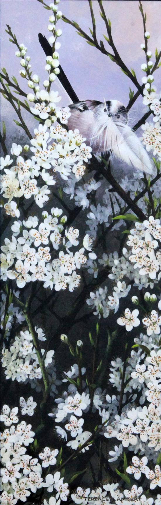 Terence Lambert (1951-) Long tailed tit perched amongst blossom 11 x 3.75in.